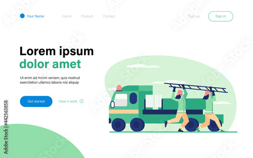 Firefighters rushing to rescue. Firemen running from vehicle, carrying ladder flat vector illustration. Fire hazard, emergency concept for banner, website design or landing web page
