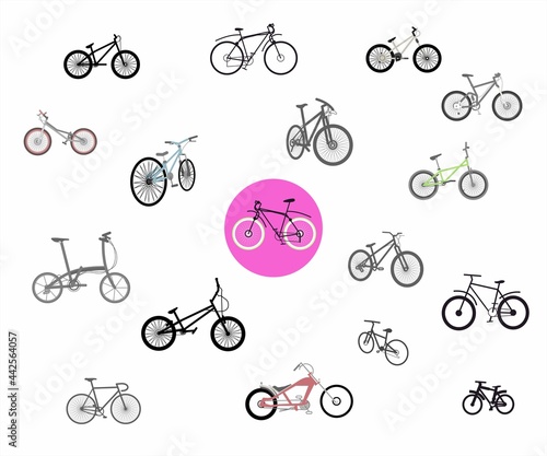 Bicycles set in vector. Material for the logo. Icons for an online store of two-wheeled vehicles. Various bike models and colors. Variety design for a healthy lifestyle.