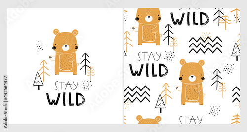 Vector hand-drawn colored childrens seamless repeating pattern with cute bears, trees, lettering on a white background. Creative kids forest texture for fabric, wrapping, textile, wallpaper, apparel.