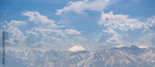 Panorama view of snow mountains and clouds.