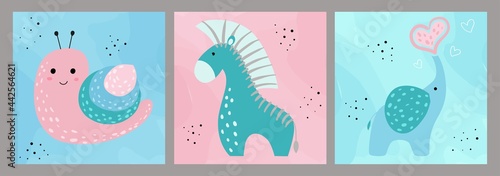 Hand drawn set of childrens creative illustrations in minimal flat style with snail, elephant and zebra. Wall art drawing with cute animals. Postcard, poster, decoration of children's room and clothes