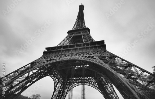 Eiffel Tower with Cloudy Sky as Monochrome