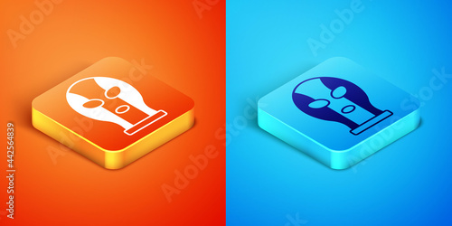 Isometric Mexican wrestler icon isolated on orange and blue background. Vector