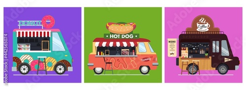 Set of three food trucks isolated vector cars, cartoon vans for street food selling. Cafe restaurant on wheels. Trucks with hot dogs, donuts and coffee.