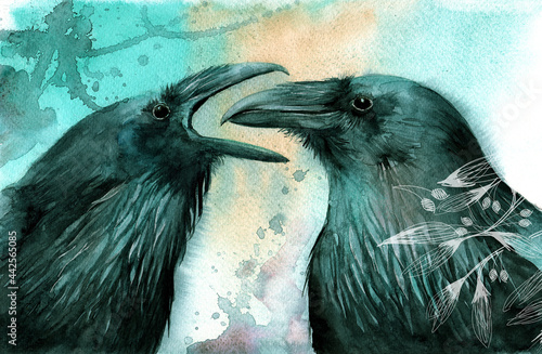 Watercolor illustration of two black ravens, one of which has an open beak, on a blue background with drips of paint
