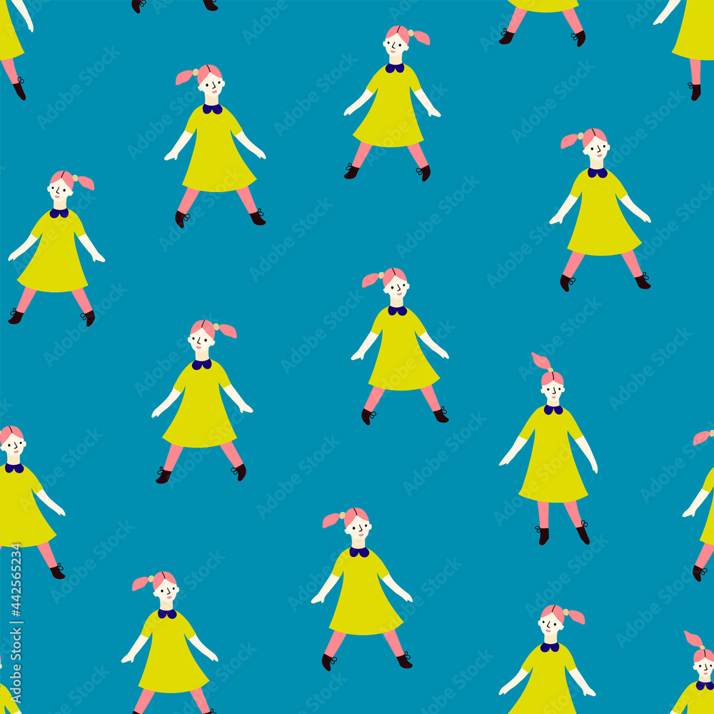 Bright colorful pattern with walking girl in hand-drawn style. Cute background for fabric or wallpaper.