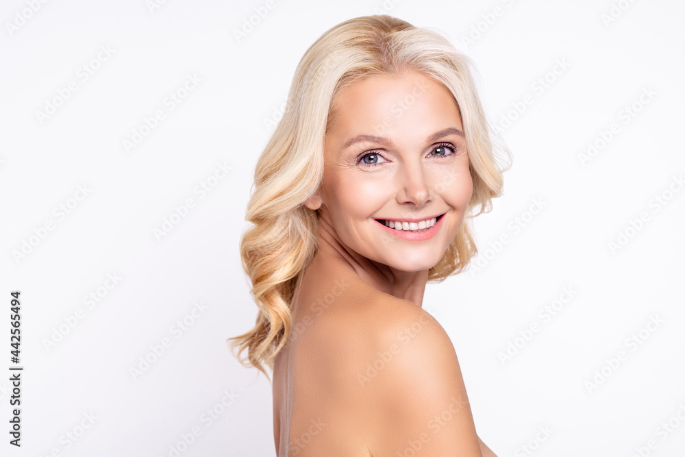 Profile side view portrait of attractive cheerful healthy grey-haired woman fresh skin dermatology copy space ad isolated over white color background Profile side view portrait of attractive cheerful healthy grey-haired woman fresh skin dermatology copy space ad isolated over white color background