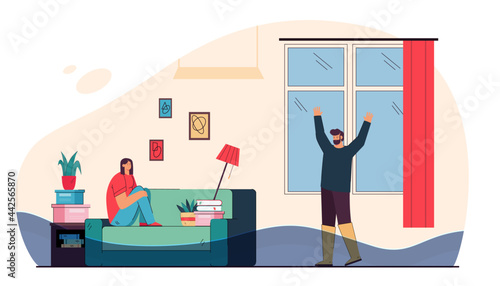 Woman sitting on sofa and crying because of broken water pipe. Water flooding in house flat vector illustration. Plumber in rubber boots cheering up his wife. Overflow, family, home concept