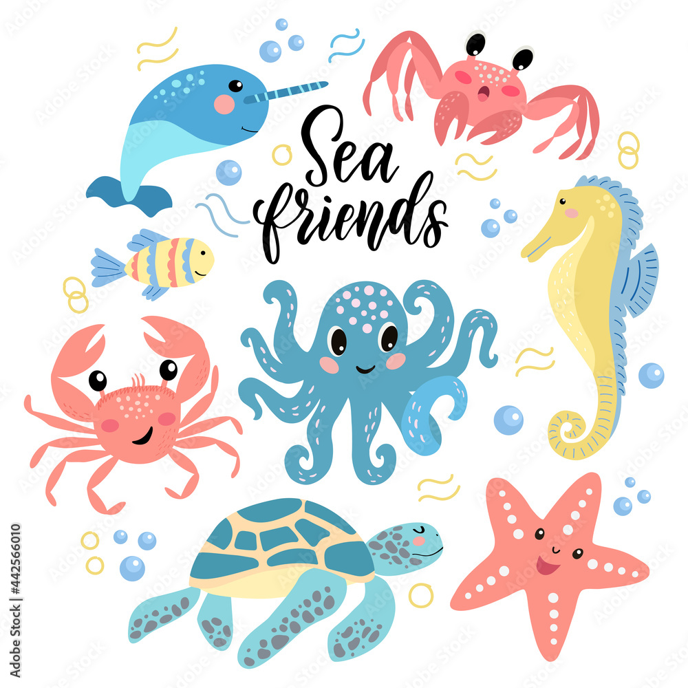 Set of cute cartoon sea animals -  octopus crab turtle narwhal seahorse and lettering. Vector graphics on a white background. For the design of posters, covers, cards, prints on packaging.