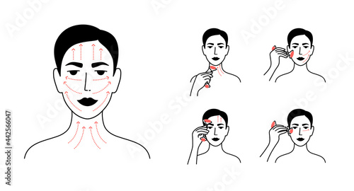 Vector icons set of facial massage by face roller. Skin care instruction, relaxing, lifting procedure. Woman making anti aging massage applying quartz massager by lines. Female portrait illustrations