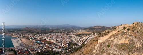 Nafplio or Nafplion city, Greece, Old town and Palamidi fortress aerial drone view.