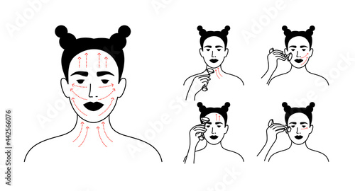 Vector icons set of facial massage by face roller. Skin care instruction, relaxing, lifting procedure. Woman making massage applying quartz or jade massager by lines. Female portrait illustrations