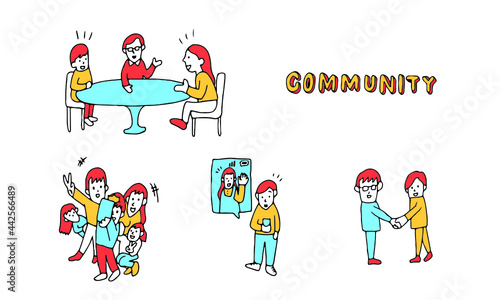 議論する人、写真を撮る人、スマートフォンで会話する人、握手する人