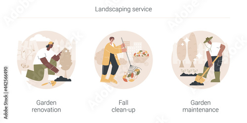 Landscaping service abstract concept vector illustration set. Garden renovation and maintenance, fall clean-up, plant seeding, flower bed, hedge trimming, mulching, leaf removal abstract metaphor.
