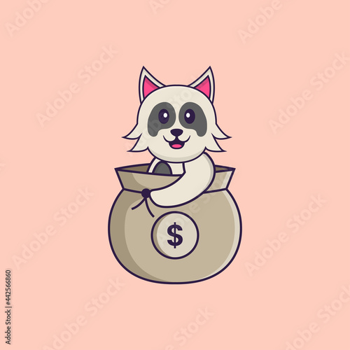Cute dog in a money bag. Animal cartoon concept isolated. Can used for t-shirt, greeting card, invitation card or mascot. Flat Cartoon Style
