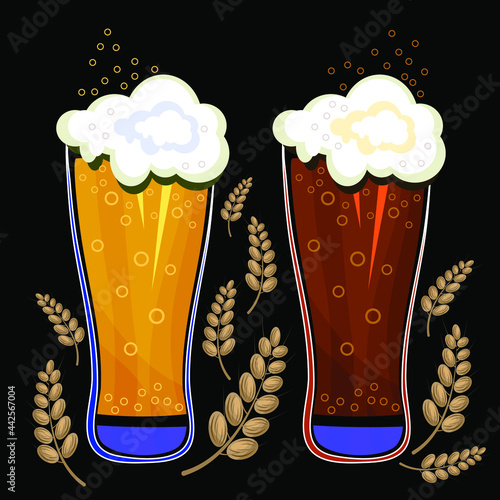 Two glass glasses with beer, light and dark beer. A vector image. Decorative illustration.