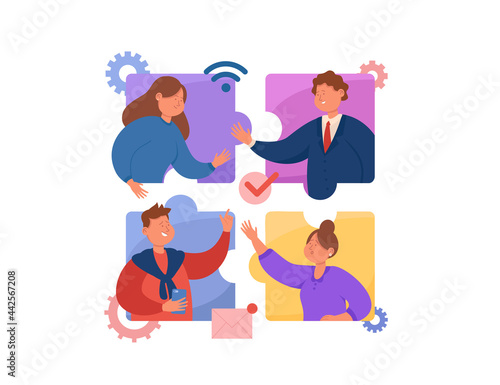 People having online video call flat vector illustration. Business team talking through windows in shape of puzzle during pandemic. Media, social connection concept