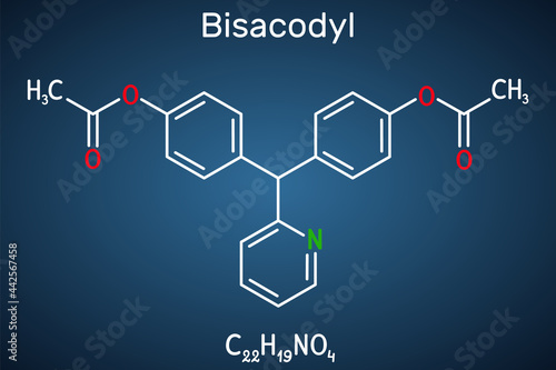 Bisacodyl, bisacodil  molecule. It is stimulant laxative drug for the treatment of constipation, neurogenic bowel dysfunction. Structural chemical formula on the dark blue background photo