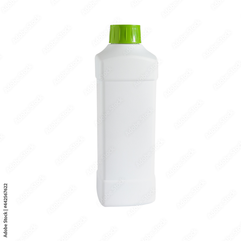White bottle with green plastic cap on background. White bottle with green plastic cap on background.