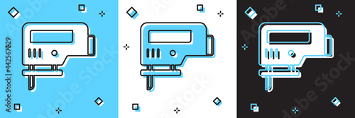 Set Electric jigsaw with steel sharp blade icon isolated on blue and white, black background. Power tool for woodwork. Vector