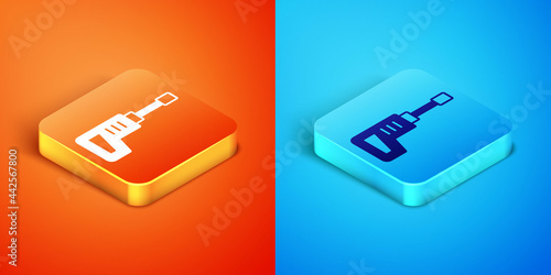 Isometric Electric rotary hammer drill machine icon isolated on orange and blue background. Working tool for construction, finishing, repair work. Vector