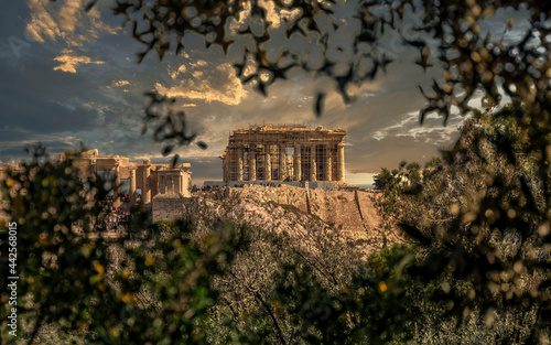 Athens Greece, picturesque view of Parthenon on Acropolis under dramatic sky