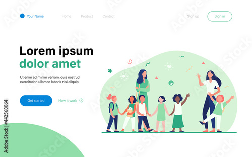 Classmates meeting at school. Mom leading son, group of school children with teacher flat vector illustration. Childhood, back to school concept for banner, website design or landing web page