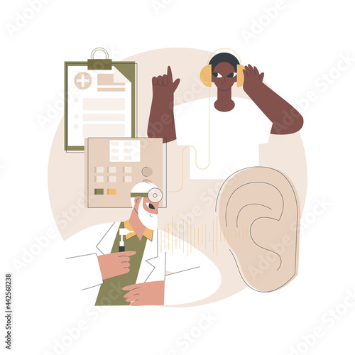 Hearing screening abstract concept vector illustration. Hearing loss evaluation quick test, ear problem screening, diagnosis, sound signal, disability detection, audiologist abstract metaphor.