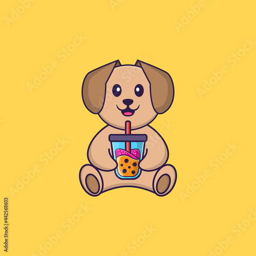Cute dog Drinking Boba milk tea. Animal cartoon concept isolated. Can used for t-shirt, greeting card, invitation card or mascot. Flat Cartoon Style
