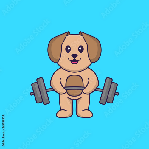 Cute dog lifts the barbell. Animal cartoon concept isolated. Can used for t-shirt, greeting card, invitation card or mascot. Flat Cartoon Style
