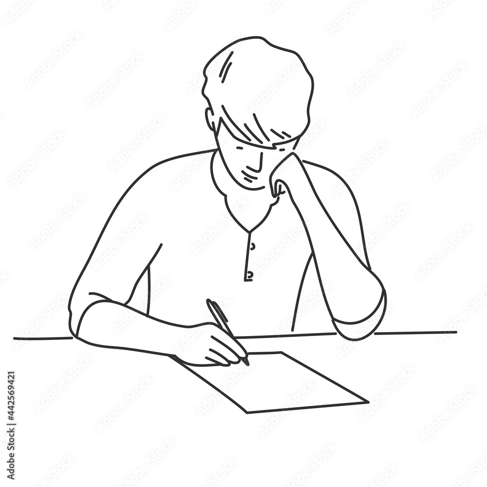 Student writing a letter or making homework at the desk.