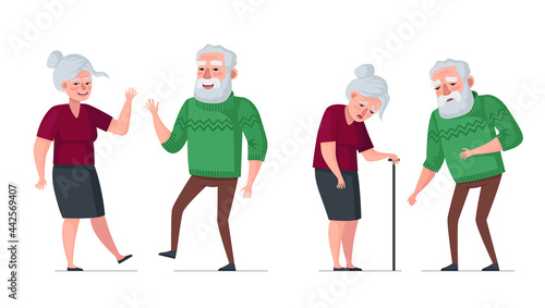 Elderly couple healthy and sick comparison. Active cheerful healthy old people and sick sad tired senior aged pensioners. Bearded man in sweater and woman with cane. Gray hair retired grandparents eps