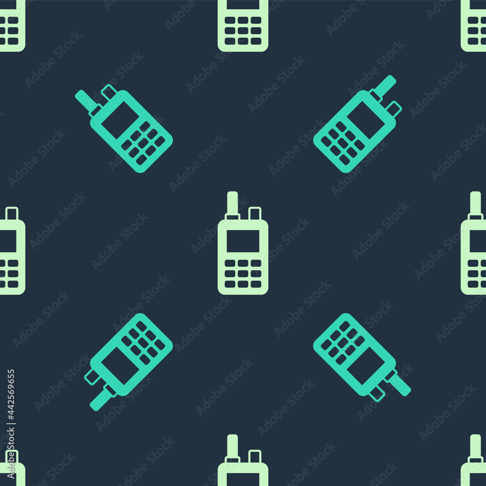 Green and beige Walkie talkie icon isolated seamless pattern on blue background. Portable radio transmitter icon. Radio transceiver sign. Vector Green and beige Walkie talkie icon isolated seamless pattern on blue background. Portable radio transmitter icon. Radio transceiver sign. Vector
