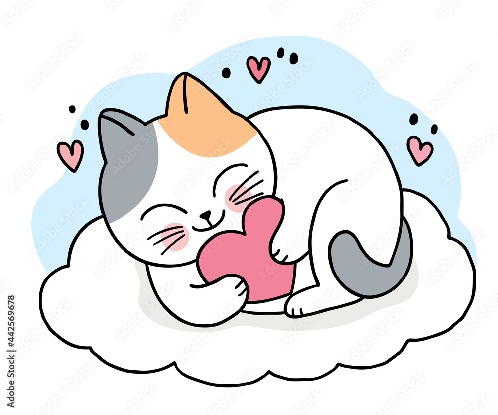 Cartoon cute cat and big heart on the cloud vector. Cartoon cute cat and big heart on the cloud vector.