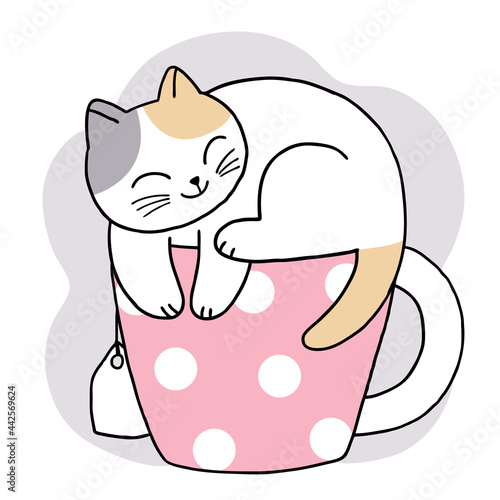 Cartoon cute cat sleep on cup coffee vector.