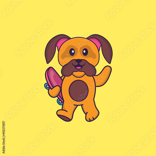 Cute dog holding a skateboard. Animal cartoon concept isolated. Can used for t-shirt  greeting card  invitation card or mascot. Flat Cartoon Style