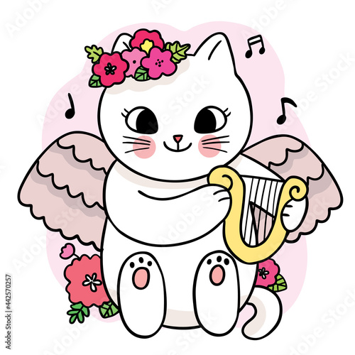 Cartoon cute angle cat and play mandolin vector.