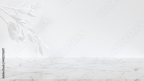 white background marble floor And there is a tree on the left side. 3D scene.
