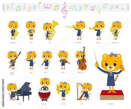 クラシック音楽演奏に関するトラの女の子のセット