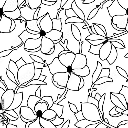 A seamless floral pattern. A linear hand-drawn pattern of flowers and a leaf of magnolia on a white isolated background. Vector illustration