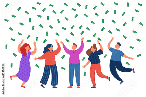 Business team rejoicing money falling from above. Happy male and female people dancing, rising their hands up flat vector illustration. Coins, success, rich concept