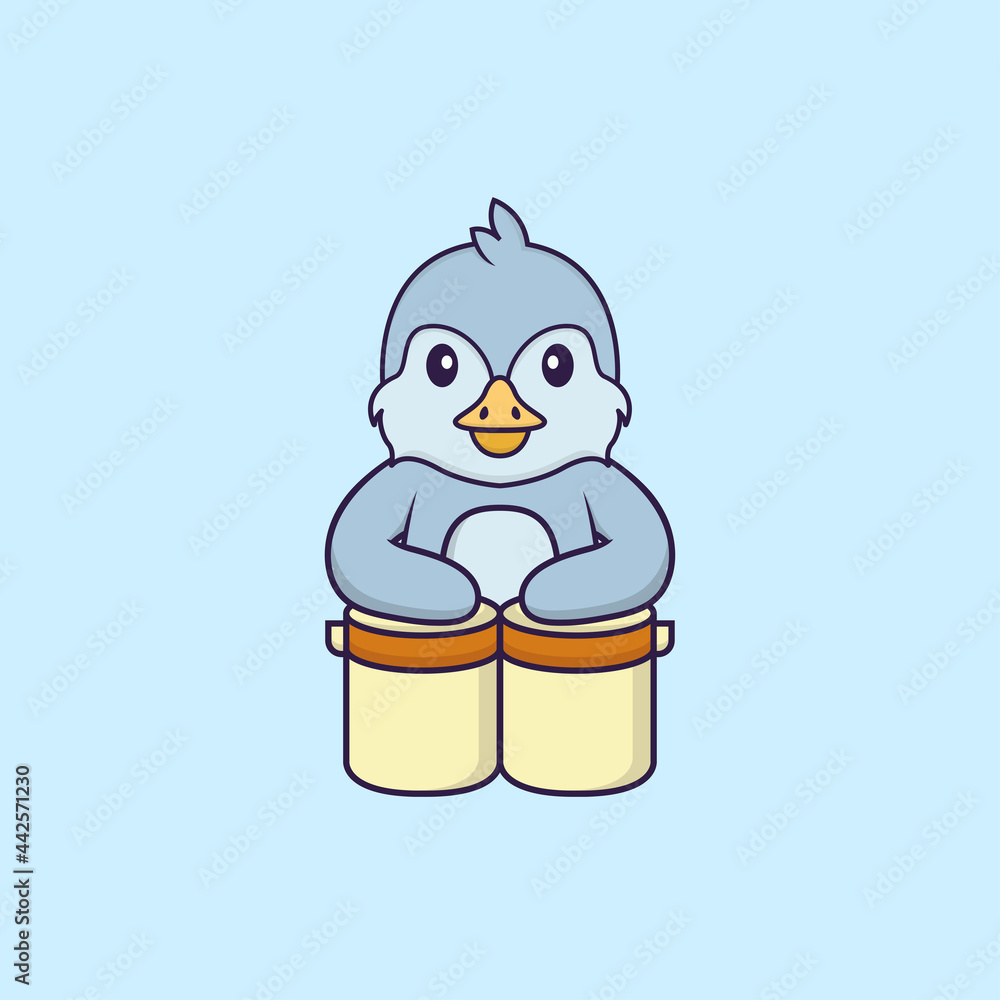 Cute bird is playing drums. Animal cartoon concept isolated. Can used for t-shirt, greeting card, invitation card or mascot. Flat Cartoon Style