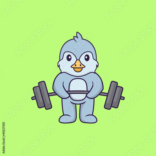 Cute bird lifts the barbell. Animal cartoon concept isolated. Can used for t-shirt, greeting card, invitation card or mascot. Flat Cartoon Style