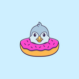 Cute bird with a donut on his neck. Animal cartoon concept isolated. Can used for t-shirt, greeting card, invitation card or mascot. Flat Cartoon Style