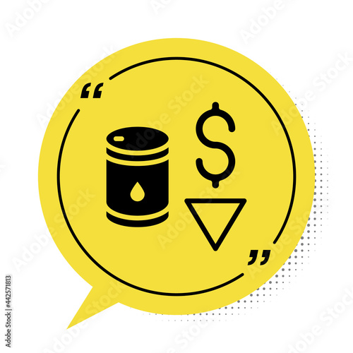 Black Drop in crude oil price icon isolated on white background. Oil industry crisis concept. Yellow speech bubble symbol. Vector