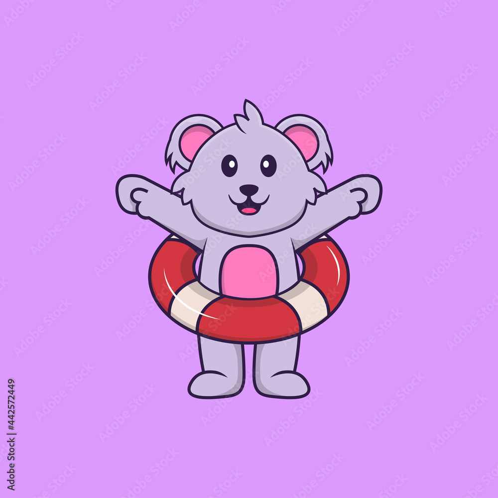 Cute koala using a float. Animal cartoon concept isolated. Can used for t-shirt, greeting card, invitation card or mascot. Flat Cartoon Style Cute koala using a float. Animal cartoon concept isolated. Can used for t-shirt, greeting card, invitation card or mascot. Flat Cartoon Style