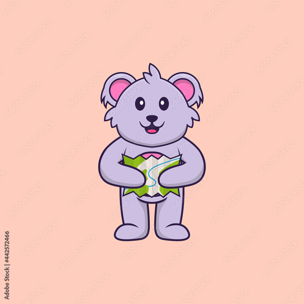 Cute koala holding a map. Animal cartoon concept isolated. Can used for t-shirt, greeting card, invitation card or mascot. Flat Cartoon Style Cute koala holding a map. Animal cartoon concept isolated. Can used for t-shirt, greeting card, invitation card or mascot. Flat Cartoon Style