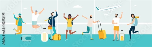 Travel. People at the airport fly on a journey. Summer rest. Happy inviting people. Vacation with friends. Vector illustration.