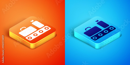 Isometric Airport conveyor belt with passenger luggage, suitcase, bag, baggage icon isolated on orange and blue background. Vector