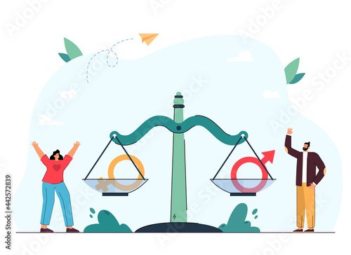 Tiny woman and man standing next to scale with gender symbols. Gender equality flat vector illustration. Feminism, fighting for equal rights concept for banner, website design or landing web page